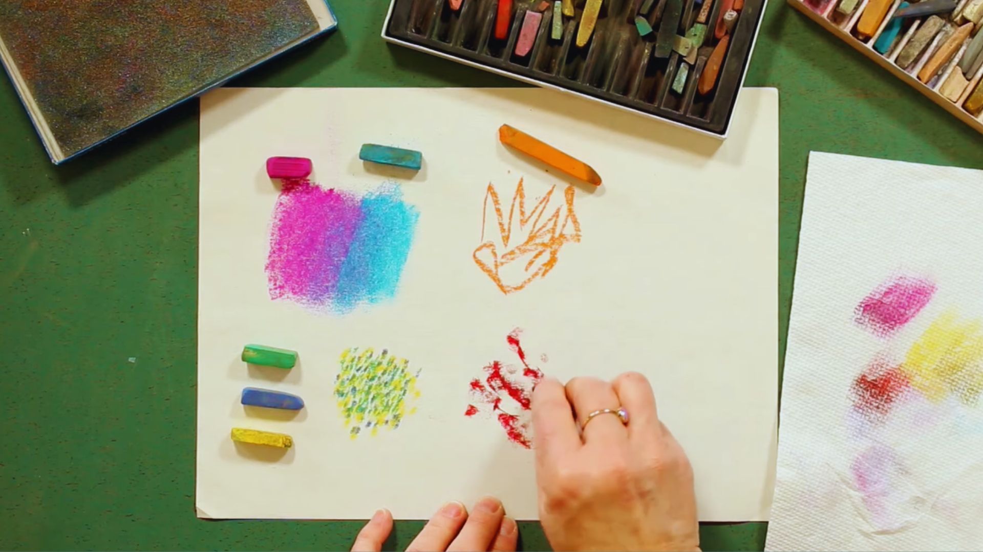 A person is creating artwork on paper with colored crayons, highlighting their imaginative skills and creativity.