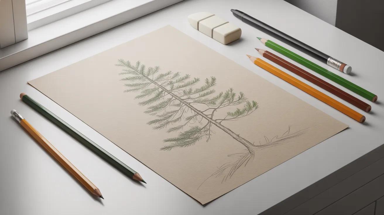 An illustration of a pine tree on a white surface, highlighting its distinctive shape and texture.