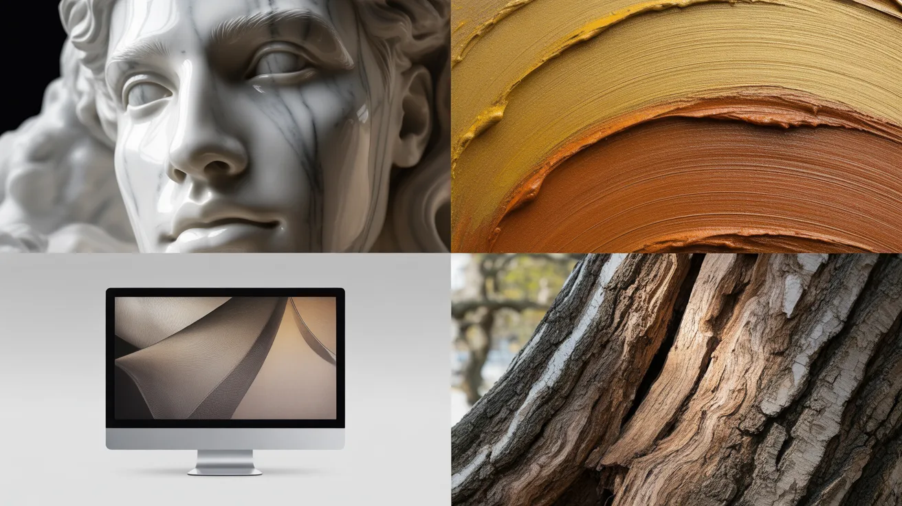 A computer monitor, a green tree, and a colorful painting displayed together in a bright, modern workspace.