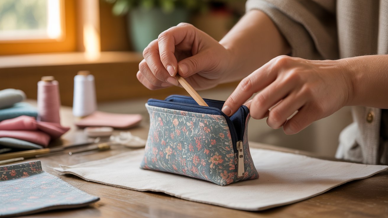 A woman is engaged in sewing a small purse, using a needle to create intricate details.