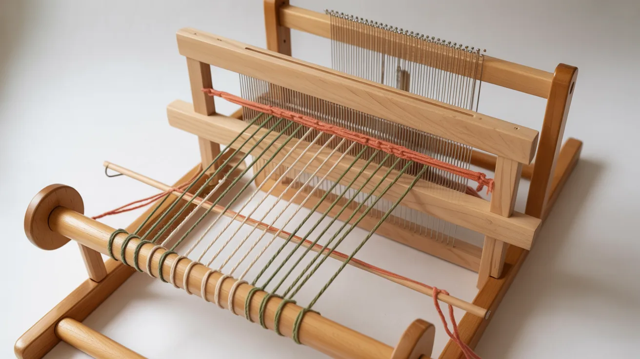 A wooden weaving machine featuring a sturdy frame and a traditional loom, showcasing craftsmanship and design.