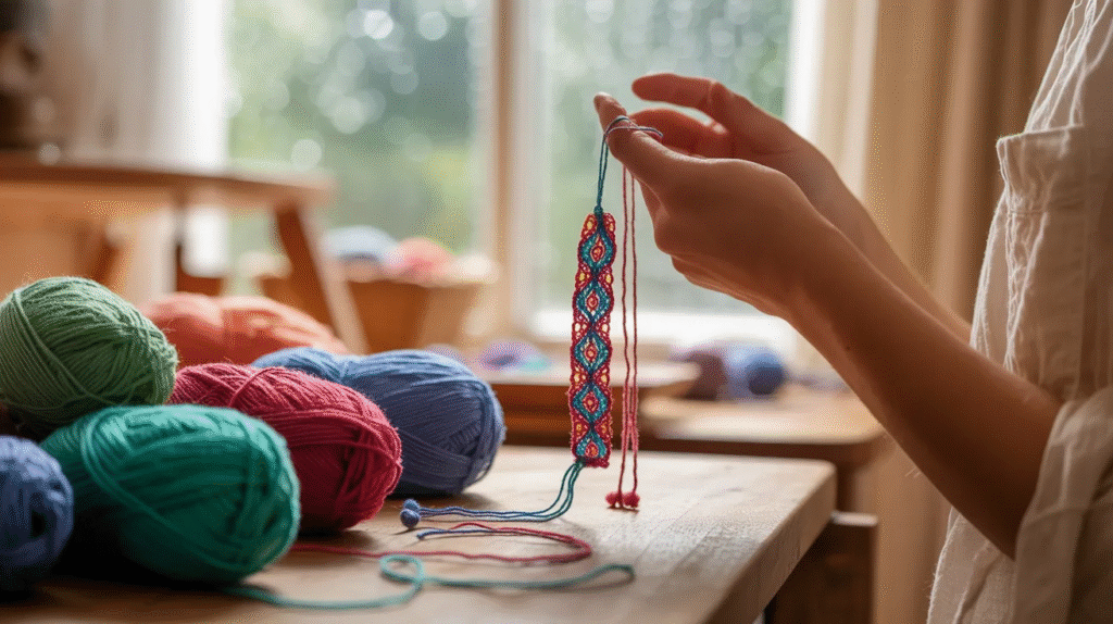 A woman holds a colorful yarn ball and a long string, preparing to knit or crochet.