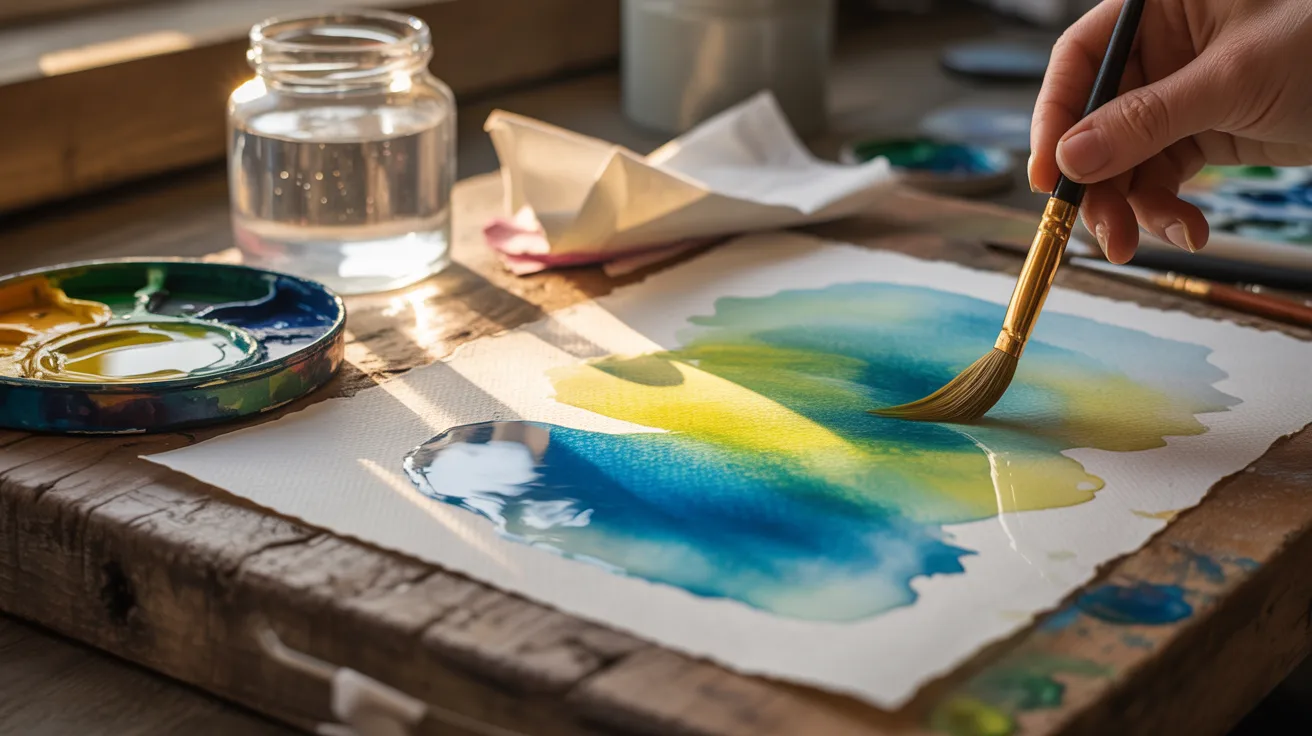 An individual is engaged in watercolor painting on a wooden table, with brushes and paint tubes nearby.