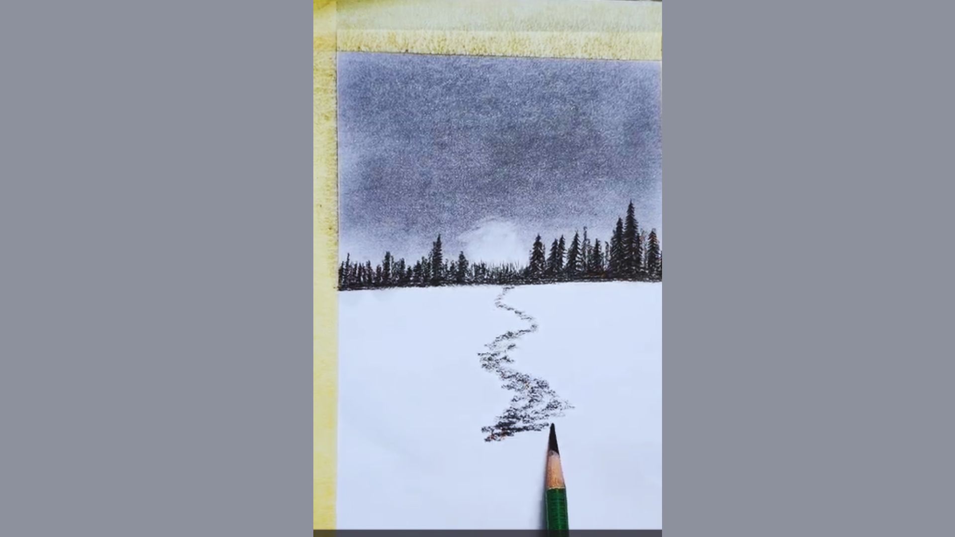 A pencil drawing depicting a winding path through a snowy landscape, showcasing soft snowflakes and gentle curves.