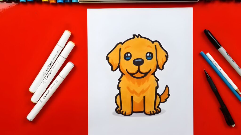 Step-by-step guide illustrating how to draw a cartoon dog, featuring simple shapes and playful expressions.