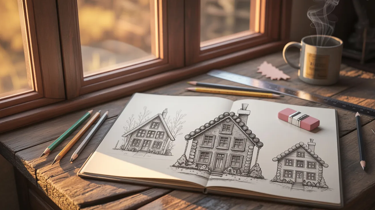 An illustration of a house on a table, accompanied by pencils and a steaming cup of coffee.
