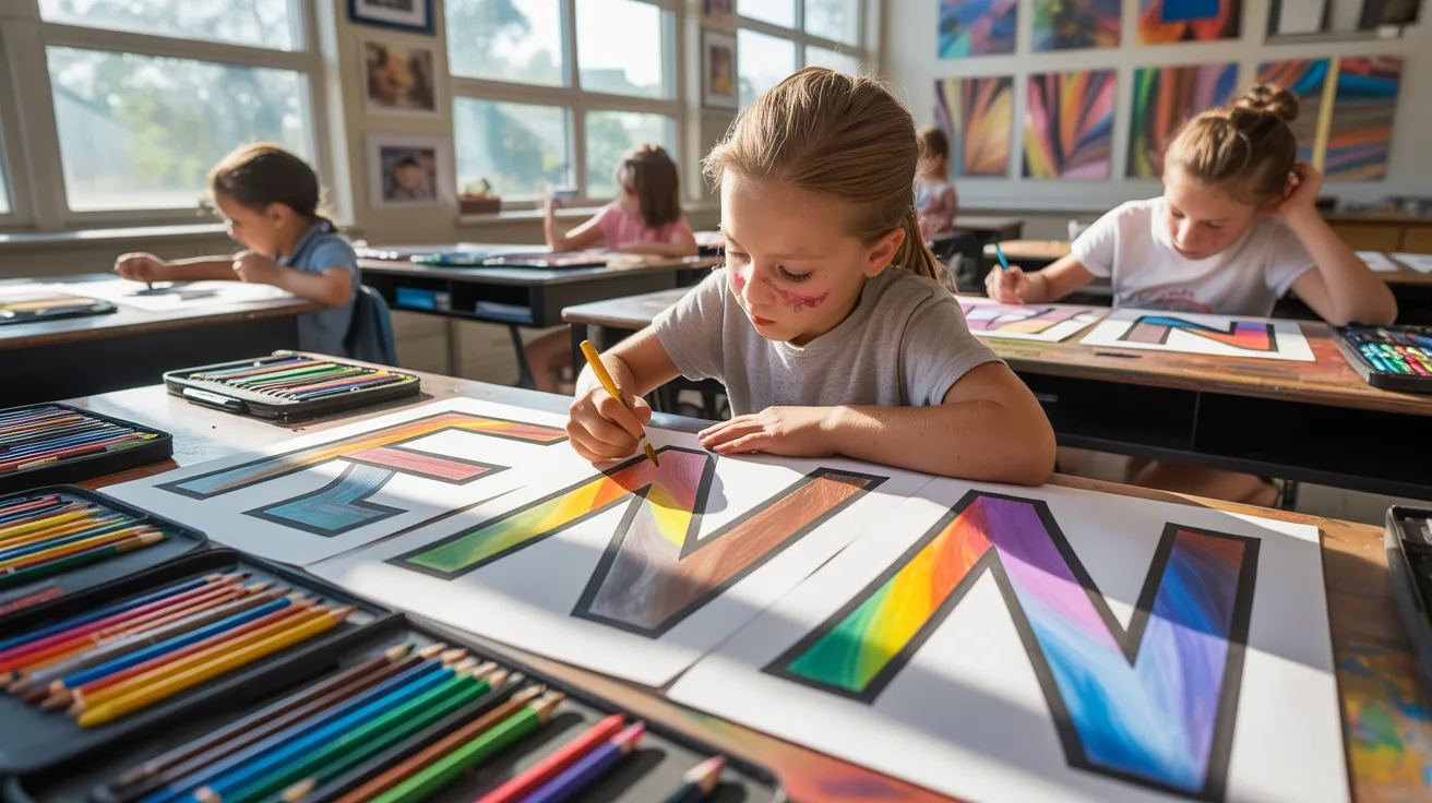A young girl is focused on drawing with colorful crayons on a large sheet of paper spread out on the floor.