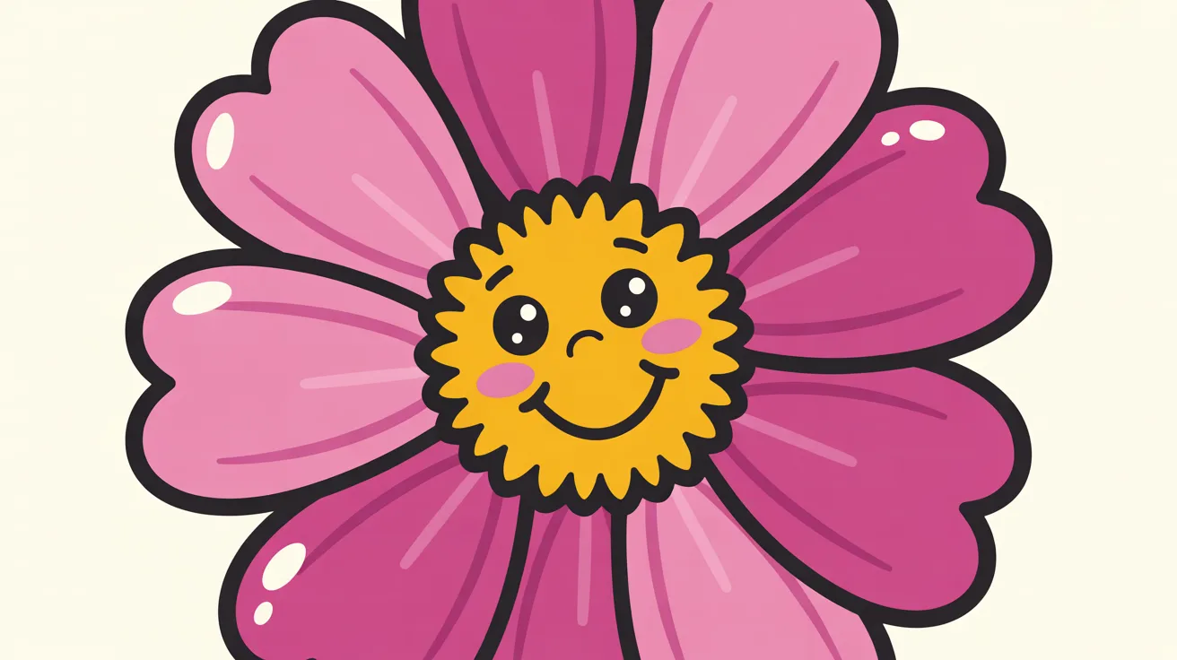 Cartoon flower with a smiley face, featuring vibrant petals and a cheerful expression, set against a simple background.