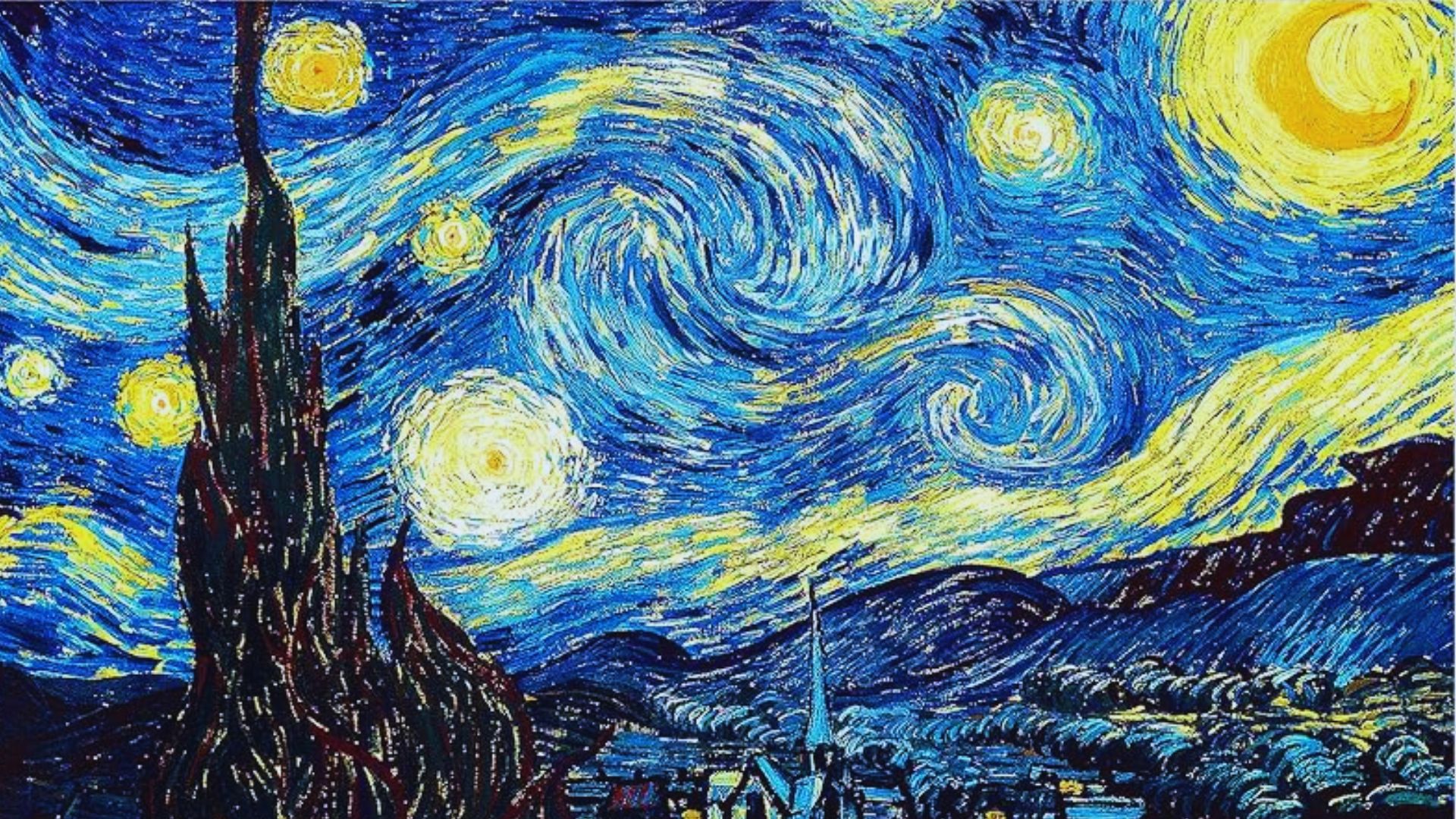 A swirling night sky filled with stars and a bright crescent moon over a quiet village, painted by Van Gogh.