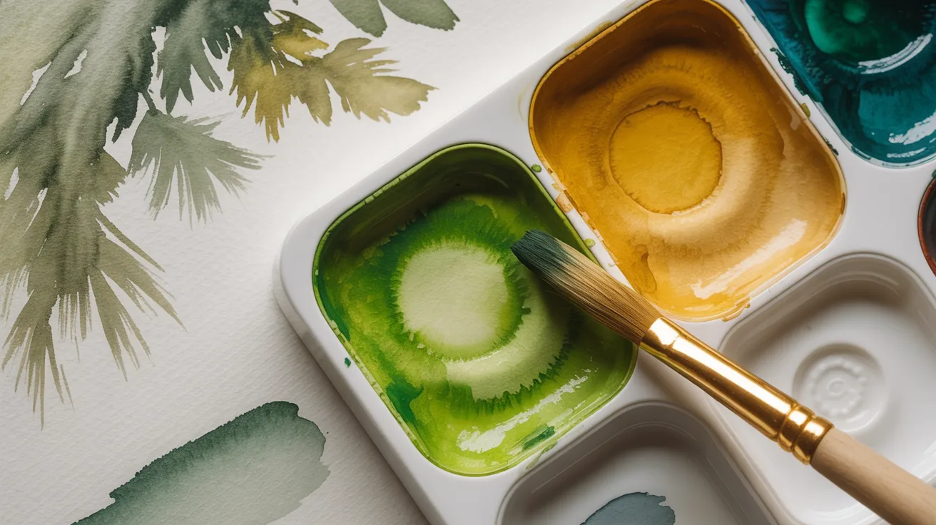 Watercolor painting supplies including brushes and vibrant paint arranged neatly on a tray.