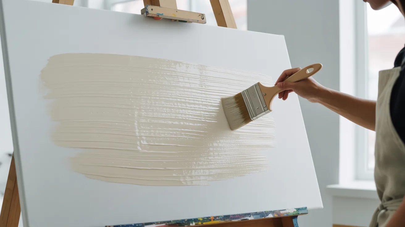 A person applies white paint to a canvas on an easel, focused on their artwork in a bright, well-lit studio.