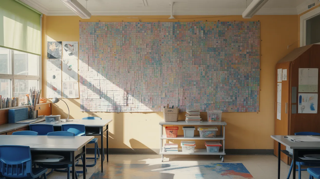 A classroom featuring rows of desks and a wall adorned with various papers and educational materials.