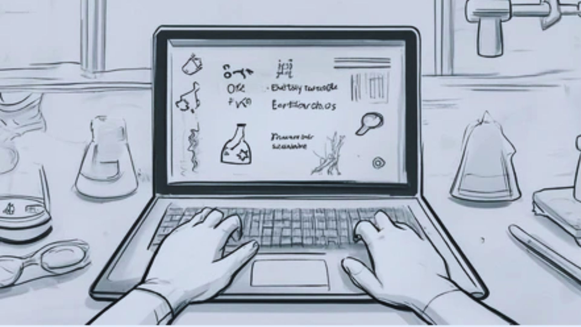 Cartoon of a person sitting at a desk, focused on using a laptop computer.