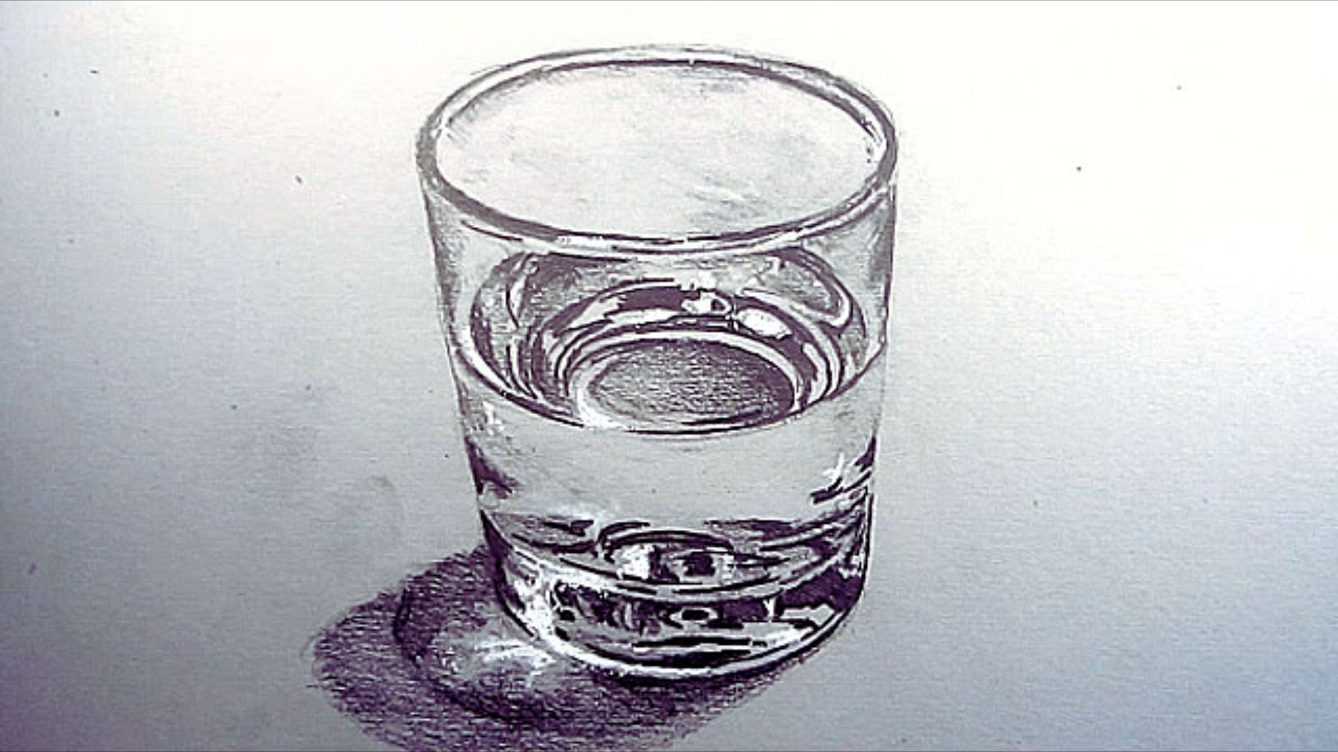 A drawing of a clear glass filled with water, reflecting light and showcasing its transparency.