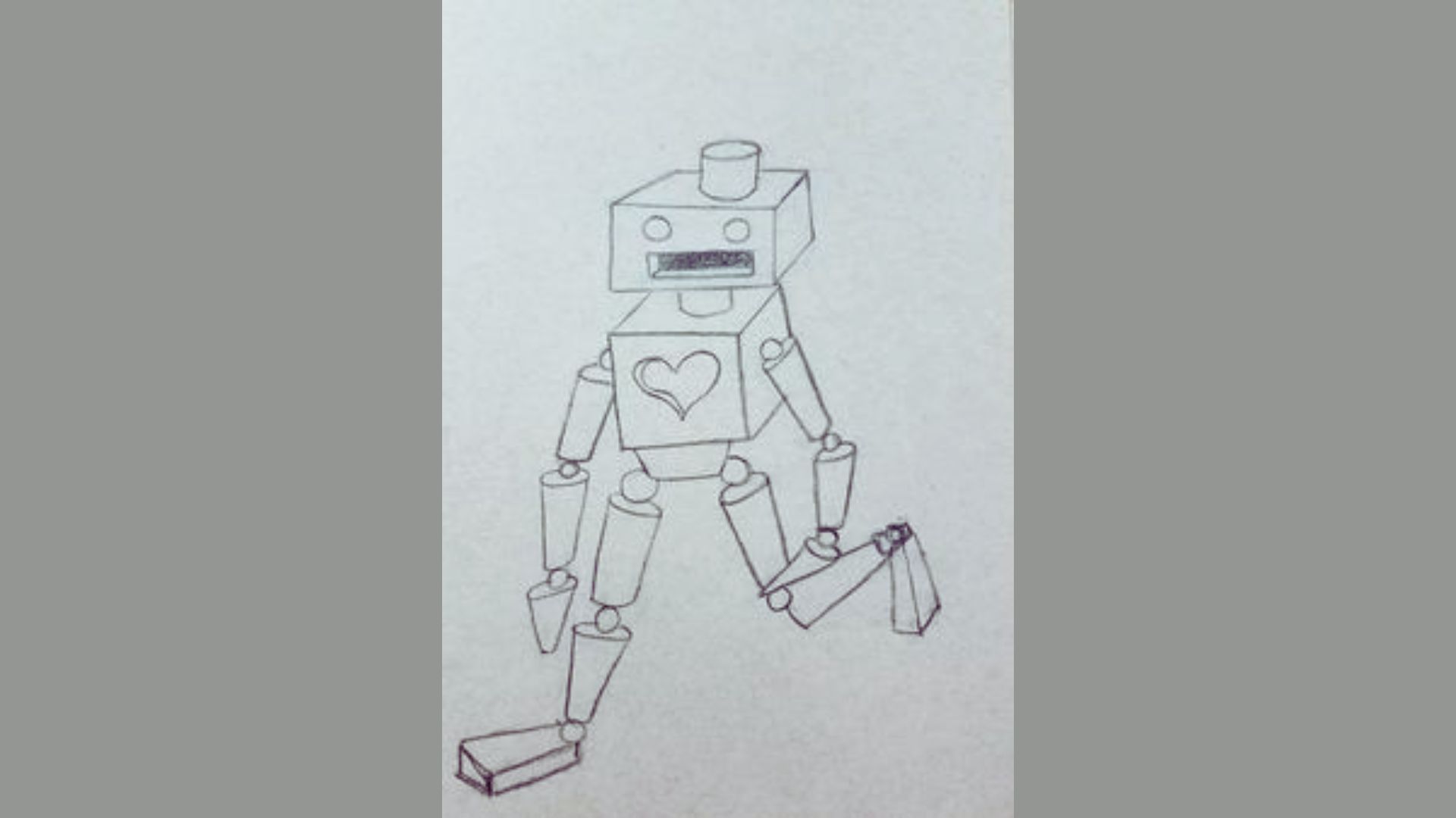 A drawing of a robot featuring a heart symbol on its chest, symbolizing love and compassion.