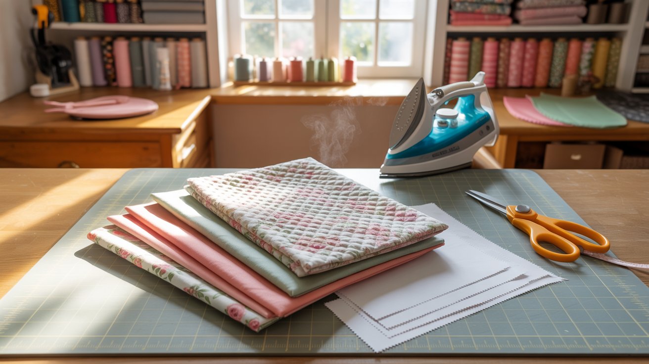 A table displaying various sewing supplies alongside an ironing board, showcasing a crafting workspace.