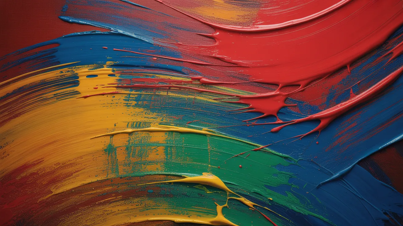 Abstract painting featuring vibrant red, yellow, blue, and green swirls and shapes blending together in a dynamic composition.