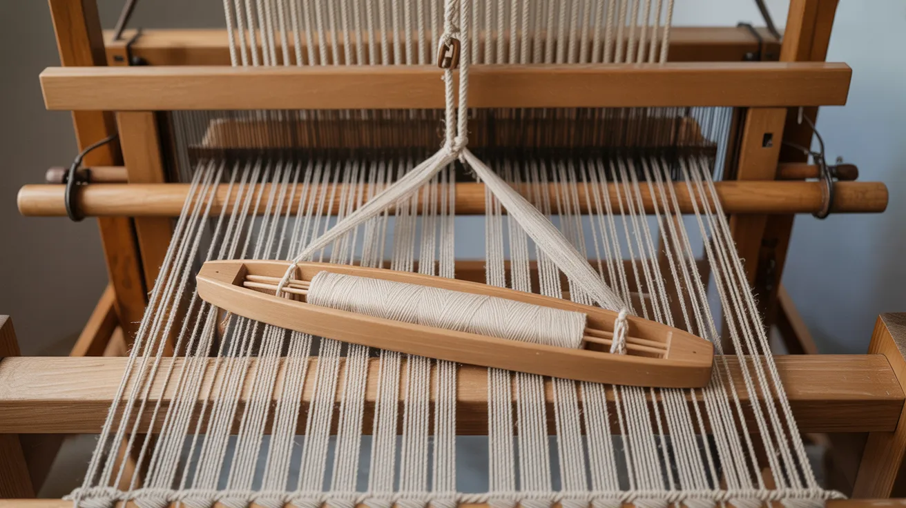 A wooden loom featuring a board and a small wooden boat positioned beside it.