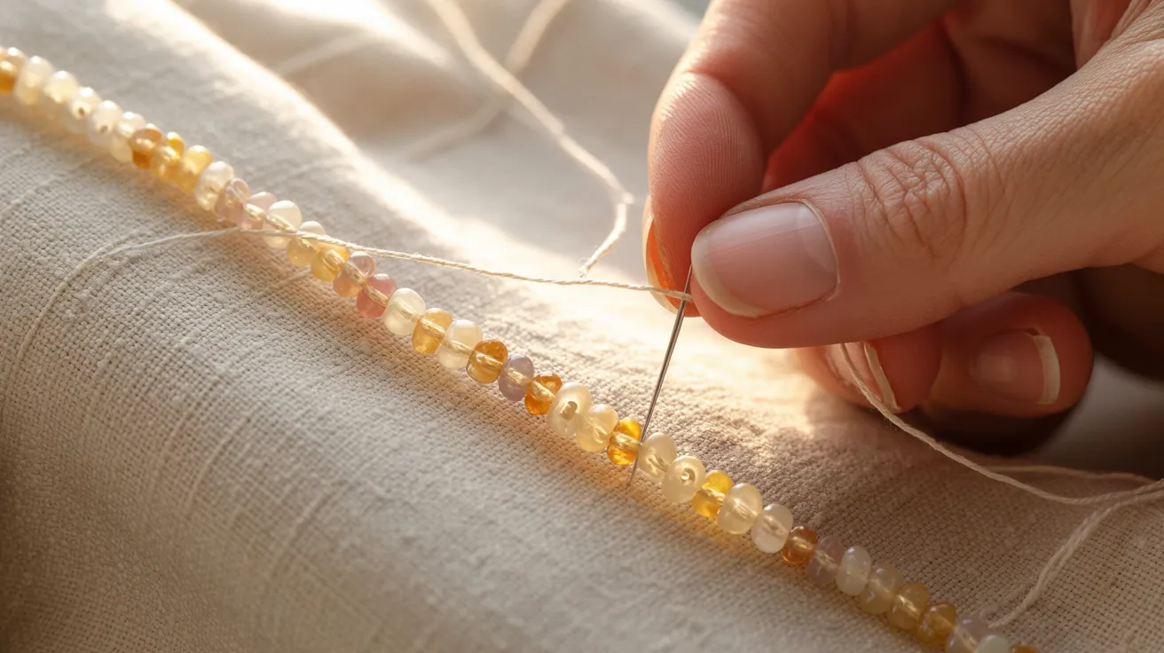 A person sewing fabric with a needle and thread, focused on their task in a well-lit workspace.