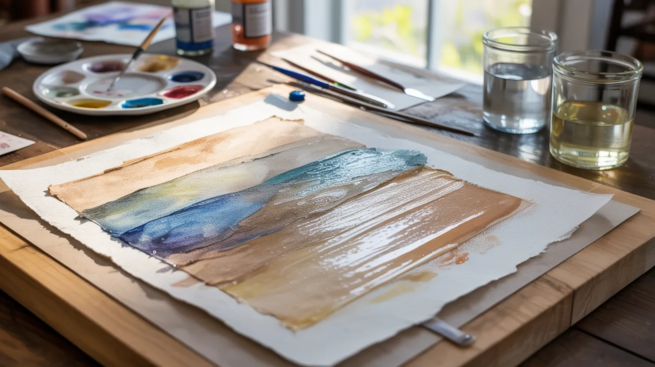Watercolor painting displayed on a rustic wooden table, showcasing vibrant colors and artistic brush strokes.