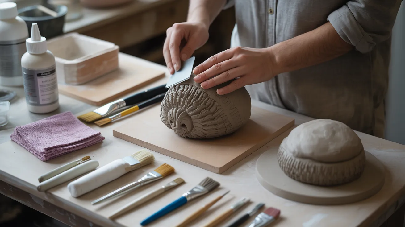 A person shaping a pottery vase using various tools on a workbench, focused on their craft.