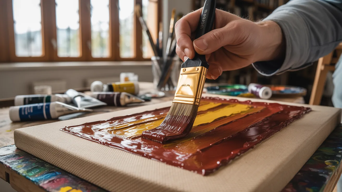 A person painting with a brush on a piece of paper, focused on their artwork in a well-lit environment.