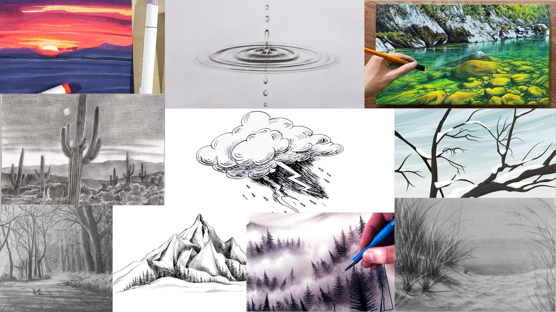 A collage featuring various drawings and paintings, showcasing diverse artistic styles and vibrant colors.