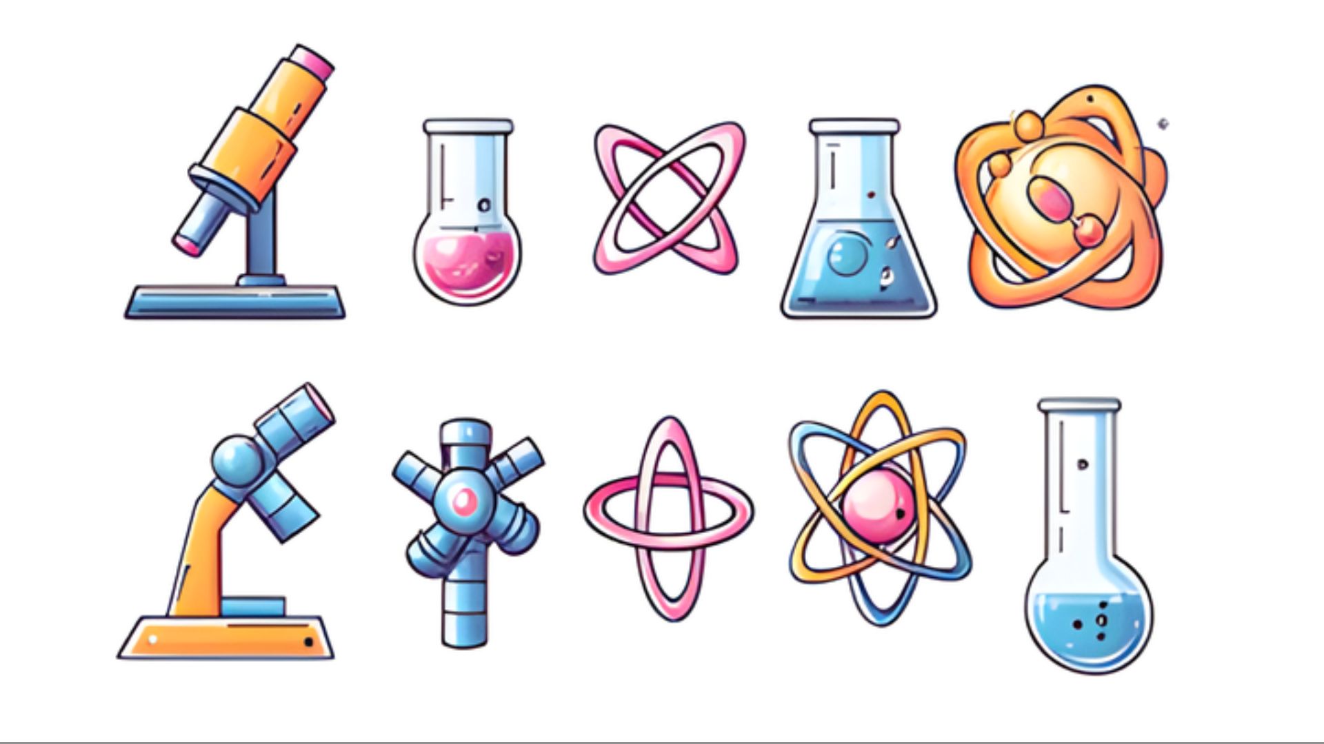 A collection of science icons including a microscope, flask, atom, and DNA strand on a white background.