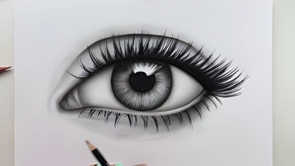 A detailed drawing of an eye featuring prominent eyelashes, showcasing intricate lines and shading.
