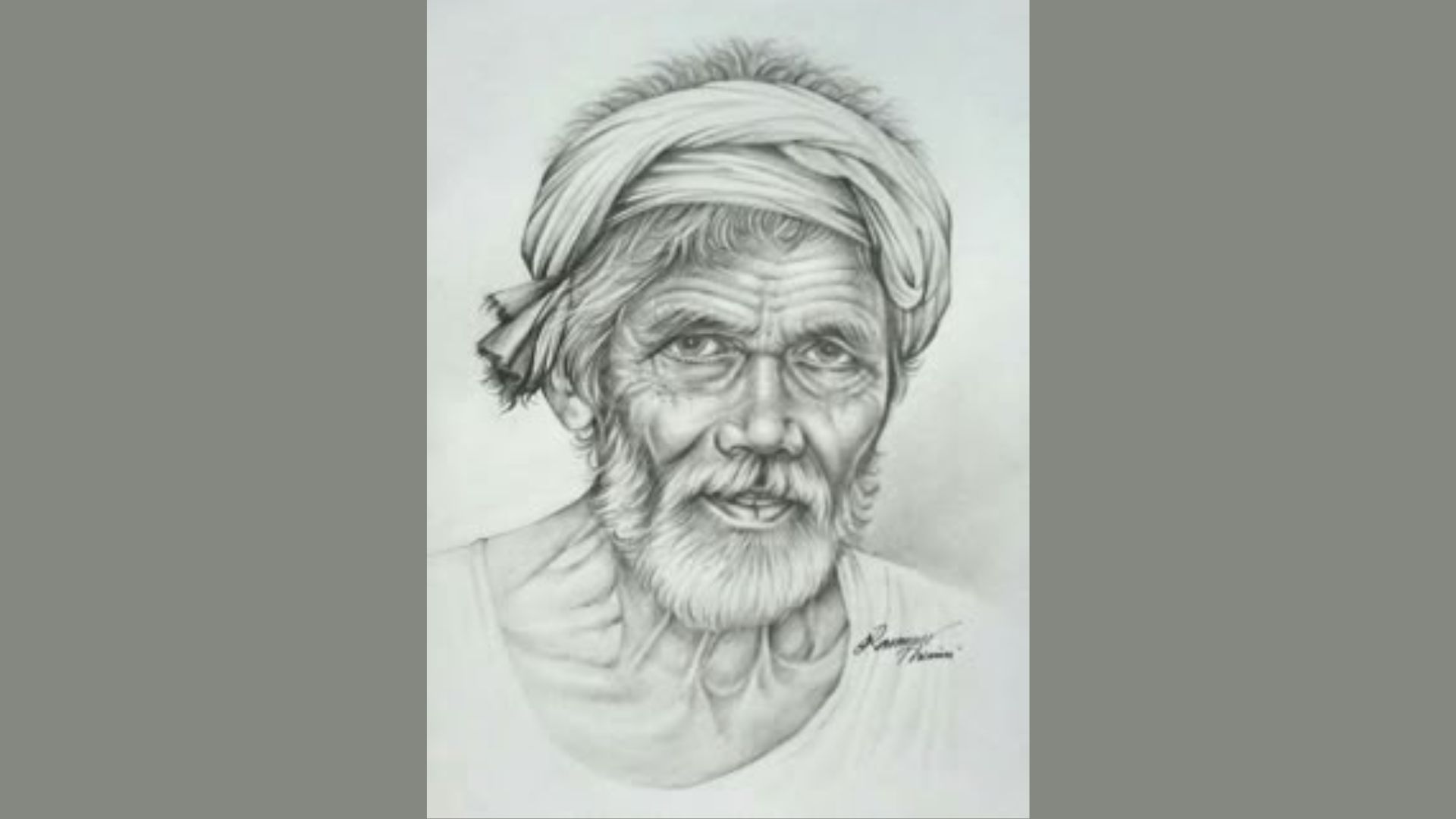 Pencil drawing of an elderly man wearing a turban, showcasing detailed facial features and expressive lines.