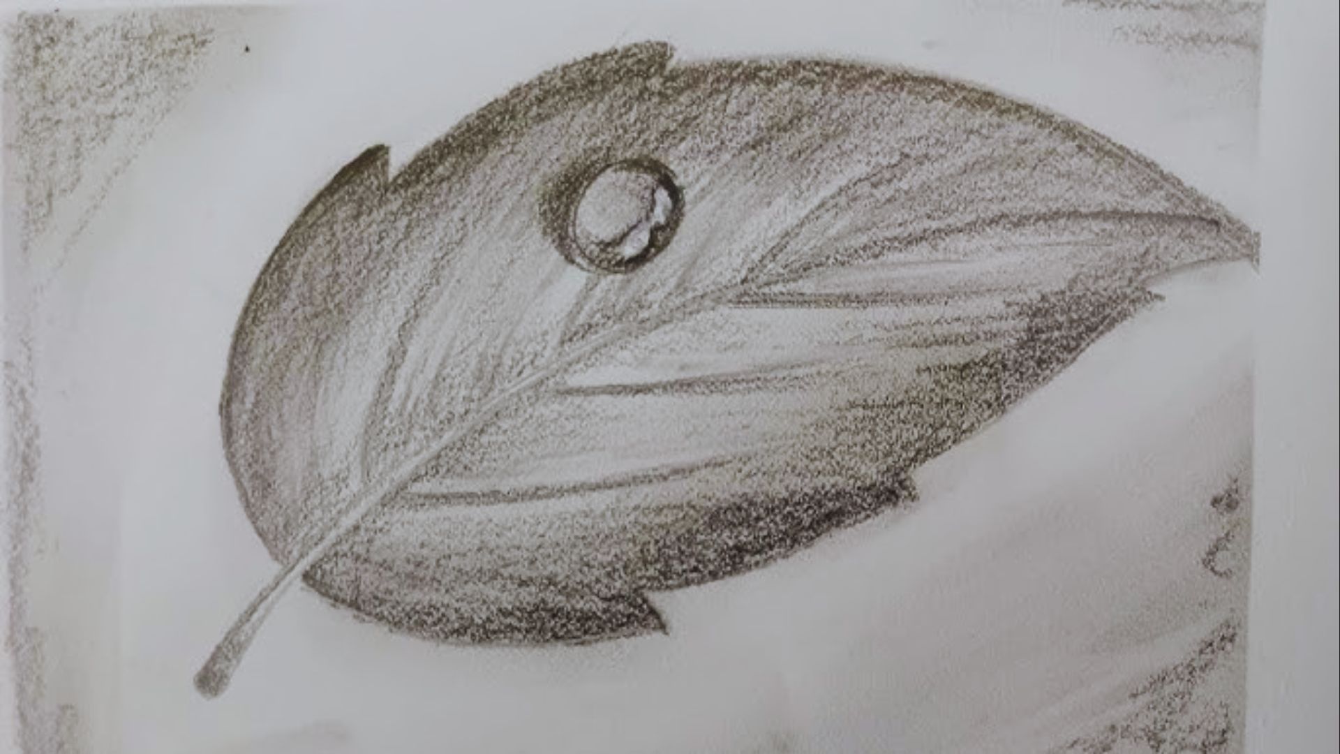 A drawing of a green leaf with a single drop of water resting on its surface, highlighting nature's beauty.