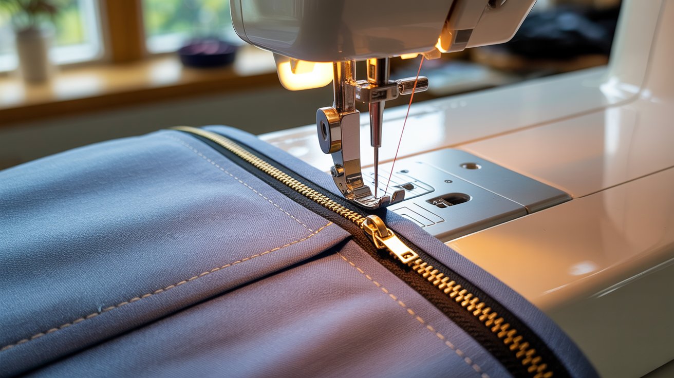 A sewing machine stitches a blue jacket, showcasing the process of garment construction.