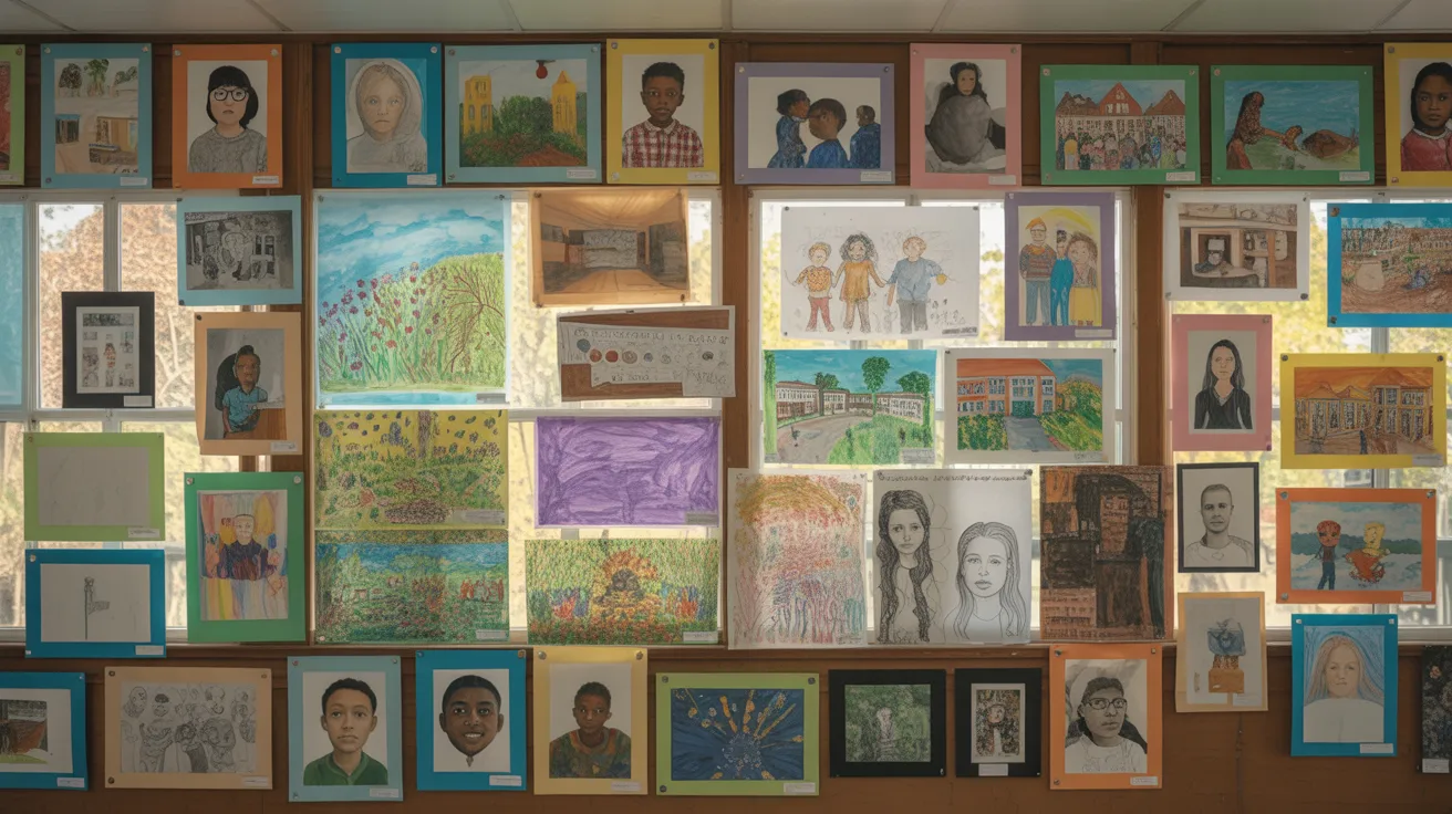 A classroom filled with colorful pictures on the walls, creating an engaging and vibrant learning environment.