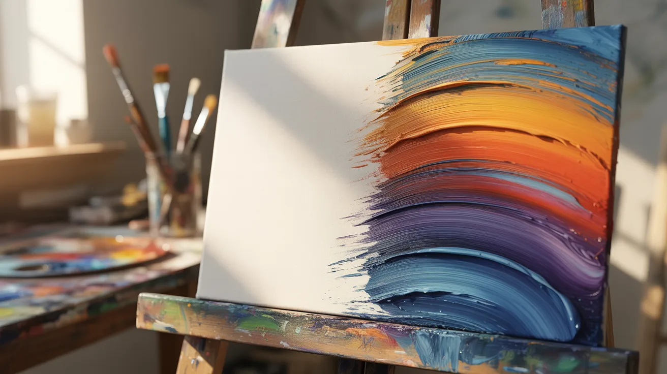 An easel displaying a vibrant painting of a rainbow against a neutral background.