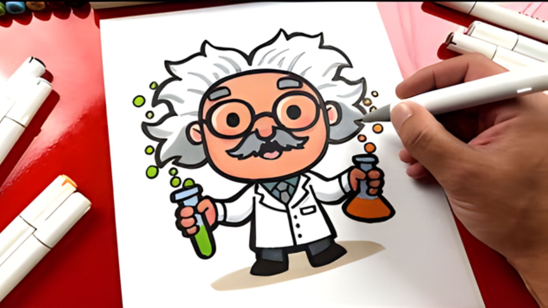 Cartoon drawing of Albert Einstein sketching on paper, showcasing his iconic hairstyle and thoughtful expression.