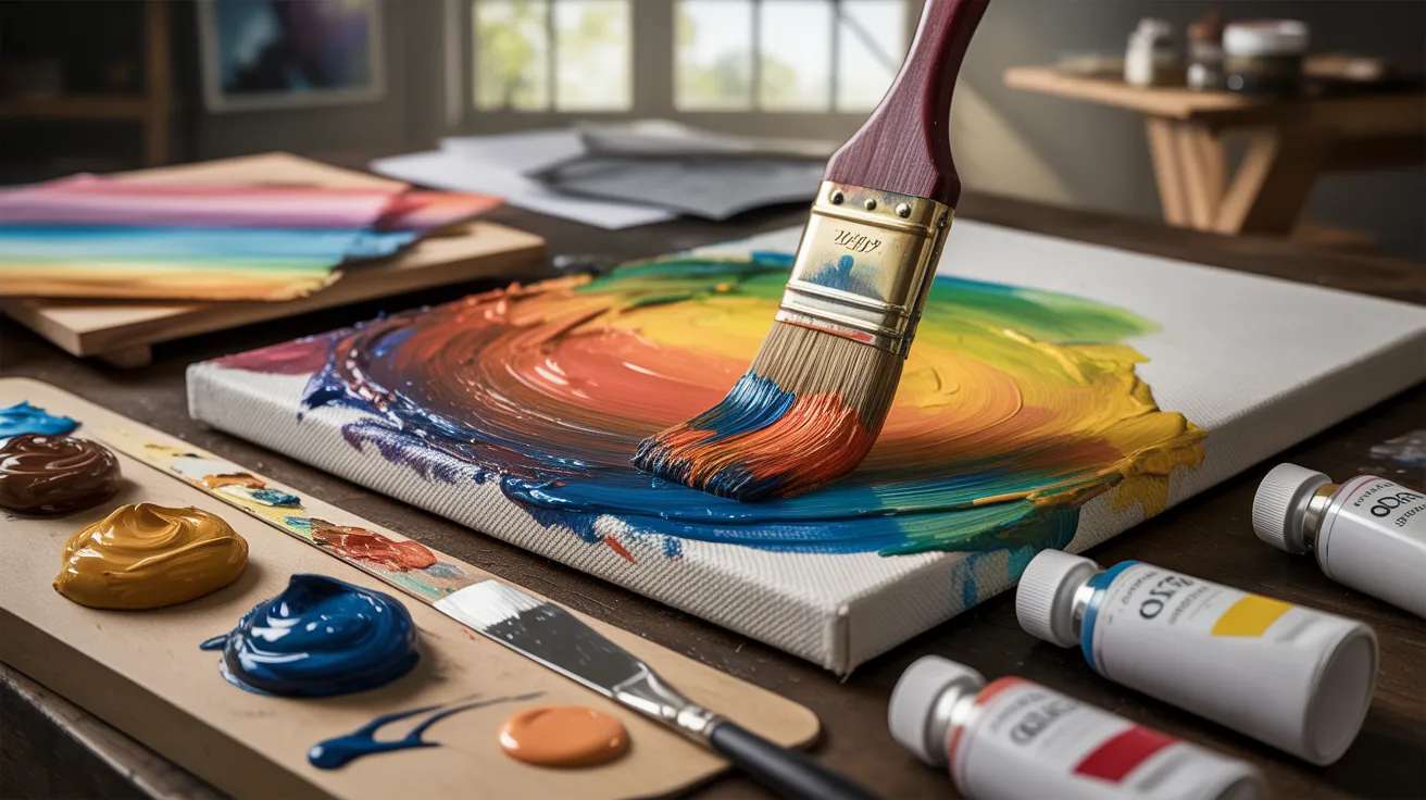 A paintbrush rests on a canvas surrounded by various colors of paint and additional brushes.