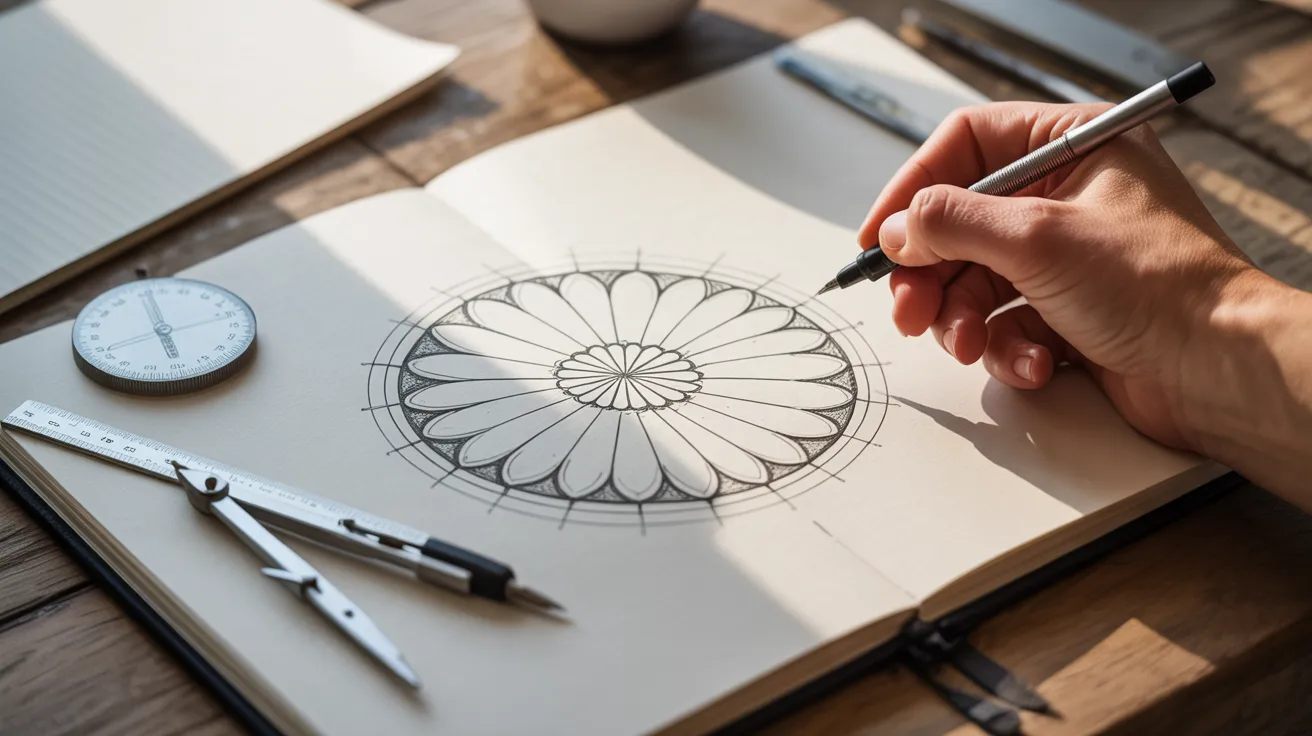 A person sketches a flower in a notebook, focusing intently on their drawing.