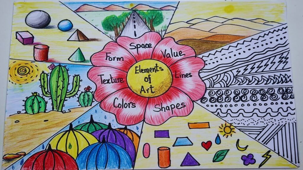 A colorful drawing of a flower featuring various shapes and hues, showcasing its vibrant and artistic design.