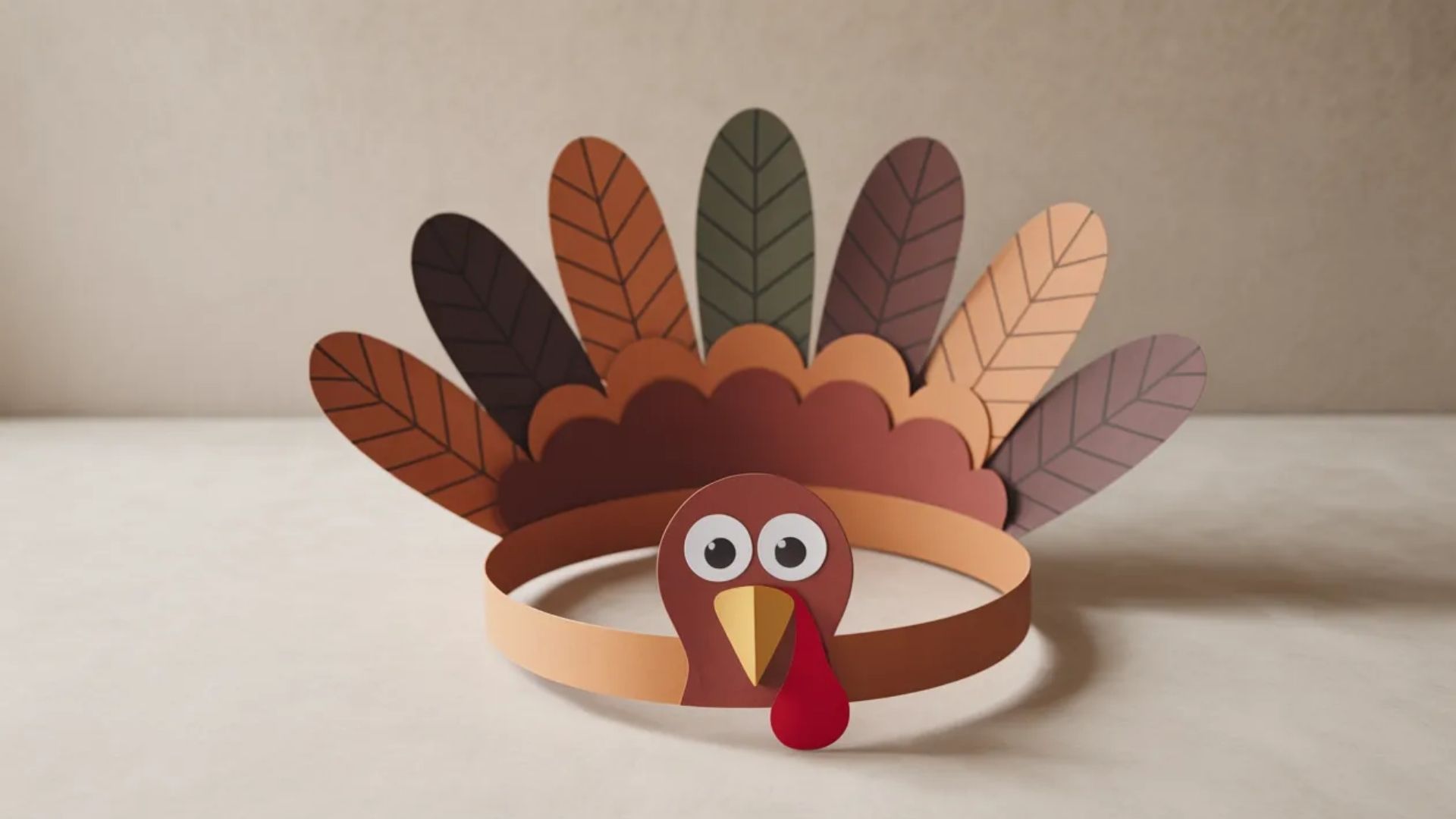 A colorful paper turkey headband featuring a cartoon face and decorative leaves for festive occasions.
