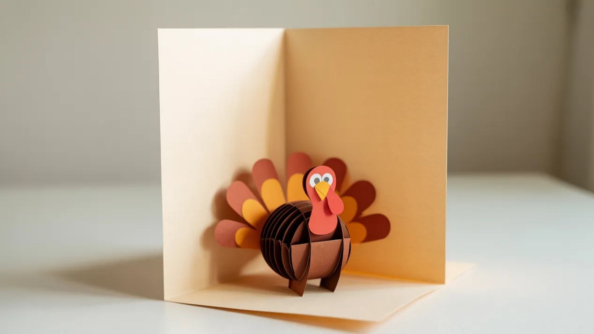A handmade paper turkey crafted from colored paper, accompanied by a pencil for drawing or writing.