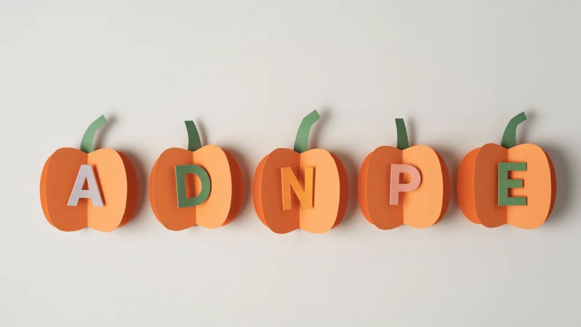 A collection of paper pumpkins featuring the word "adpne" written on them, arranged in a decorative display.