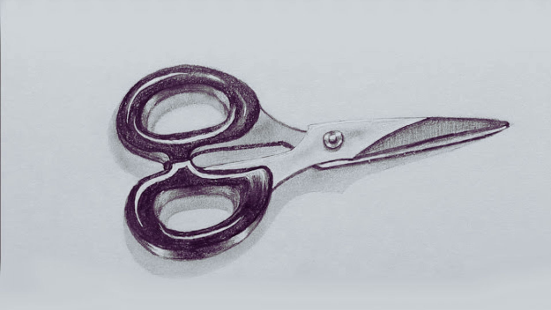 A drawing of a pair of open scissors with silver blades and a black handle on a white background.
