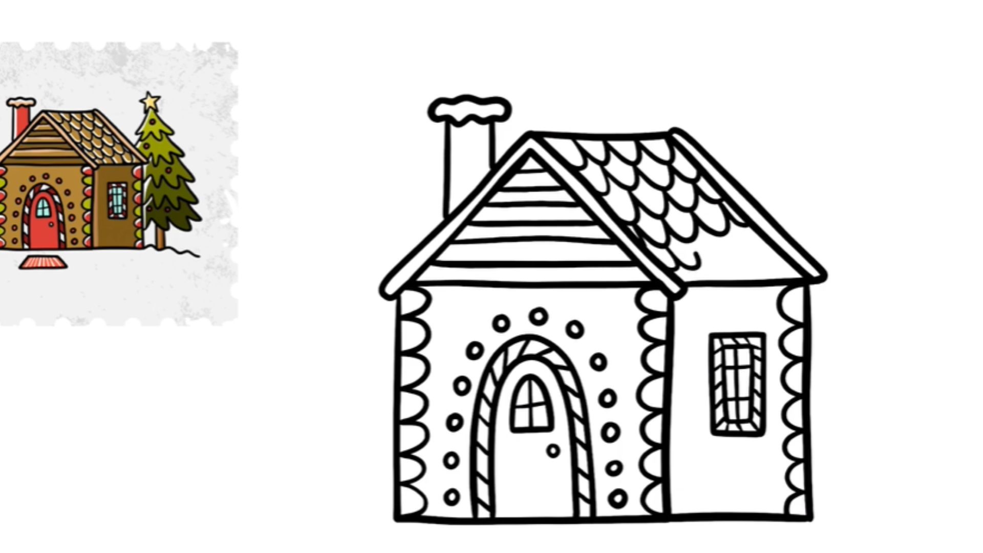 Step-by-step guide on drawing a gingerbread house with colorful decorations and icing details.