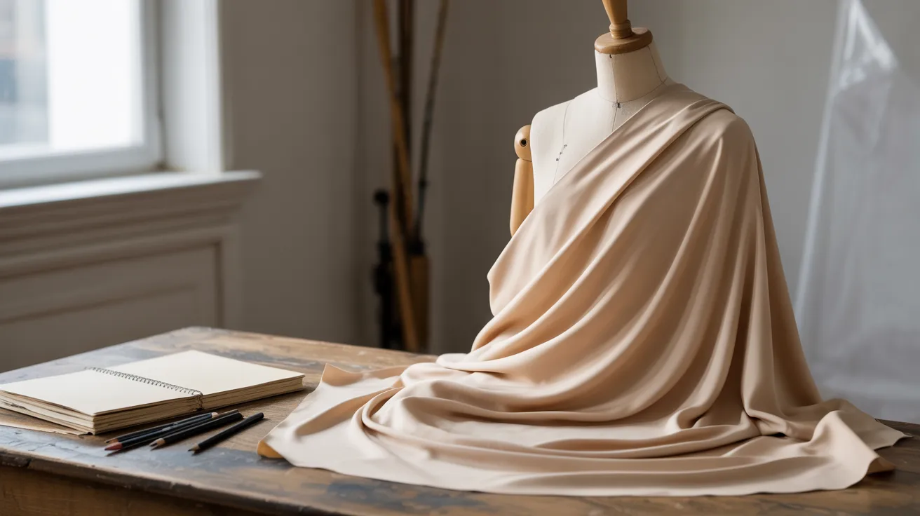 A mannequin covered with a beige cloth, showcasing a simple and elegant draping style.