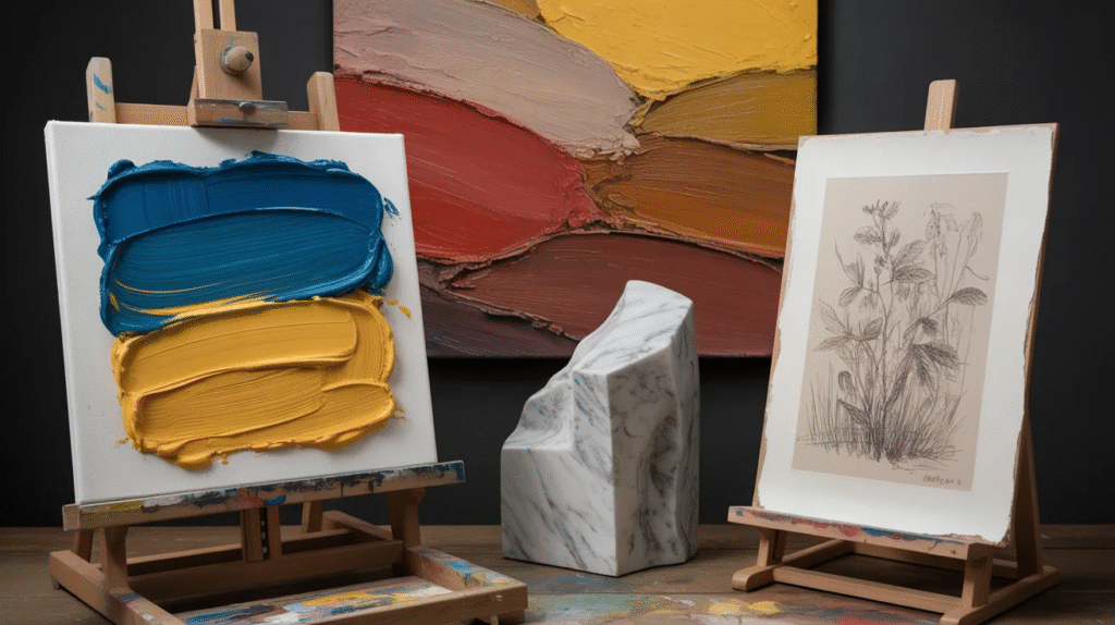 A painting displayed on an easel, with the easel stand visible in the background.