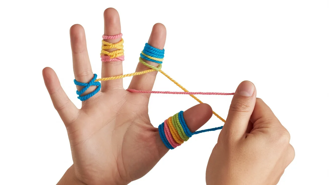 A person holds a vibrant string of yarn, showcasing a variety of colors in their hands.