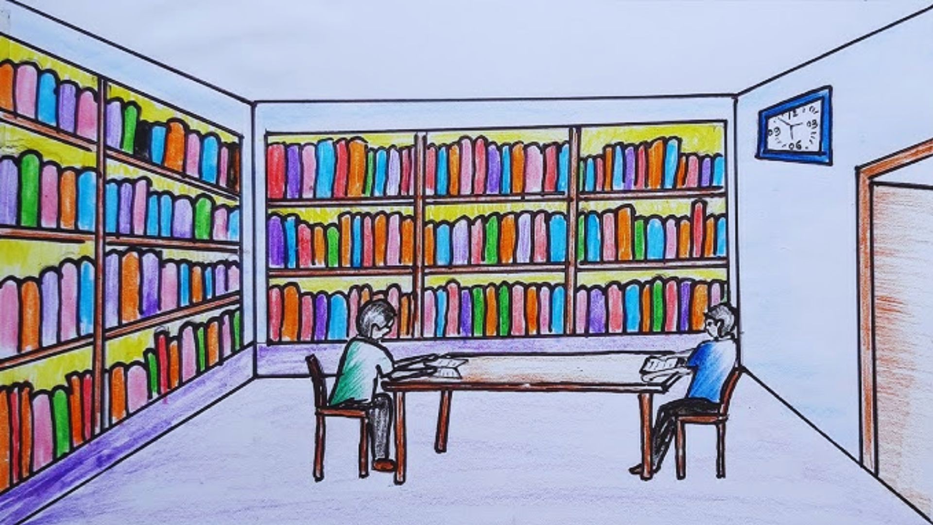 A drawing of two individuals seated at a table in a library, surrounded by books and a quiet study atmosphere.