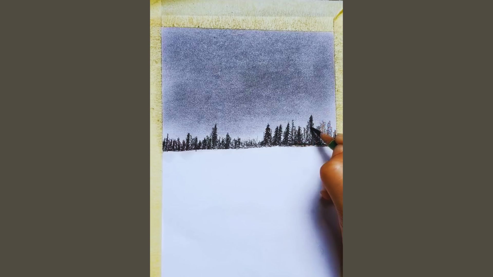 A pencil drawing depicting a serene snowy landscape with tall trees blanketed in snow.