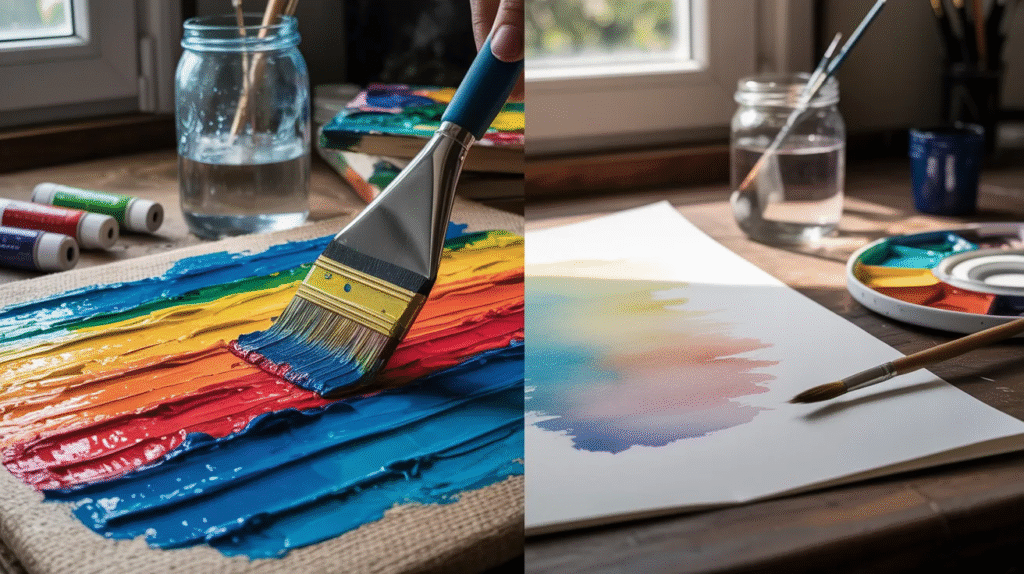 Acrylic Paint vs Watercolor: Which Wins for You? Two images of a person painting with a brush, showcasing different stages of their artistic process.