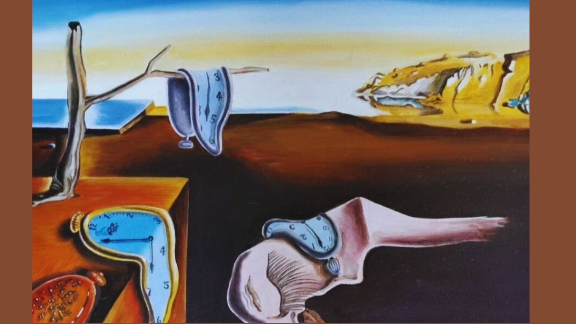 Surreal painting by Salvador Dali featuring melting clocks in a dreamlike landscape.